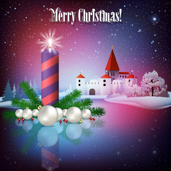Greeting card with christmas candle and castle vector