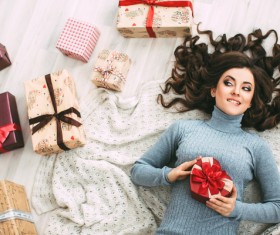 Christmas Happy Smiling Woman With Gift Box And Credit Card Stock
