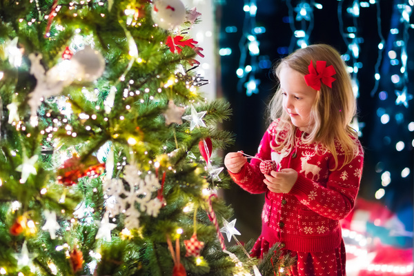 Happy little girl decorated Christmas tree Stock Photo 02