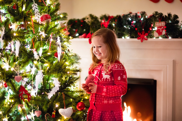 Happy little girl decorated Christmas tree Stock Photo 06