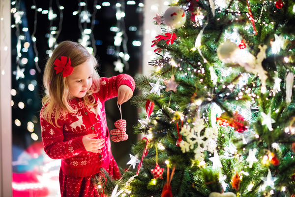 Happy little girl decorated Christmas tree Stock Photo 07