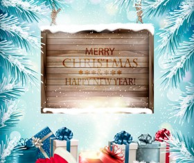 Holiday background with wooden board and magic box vector