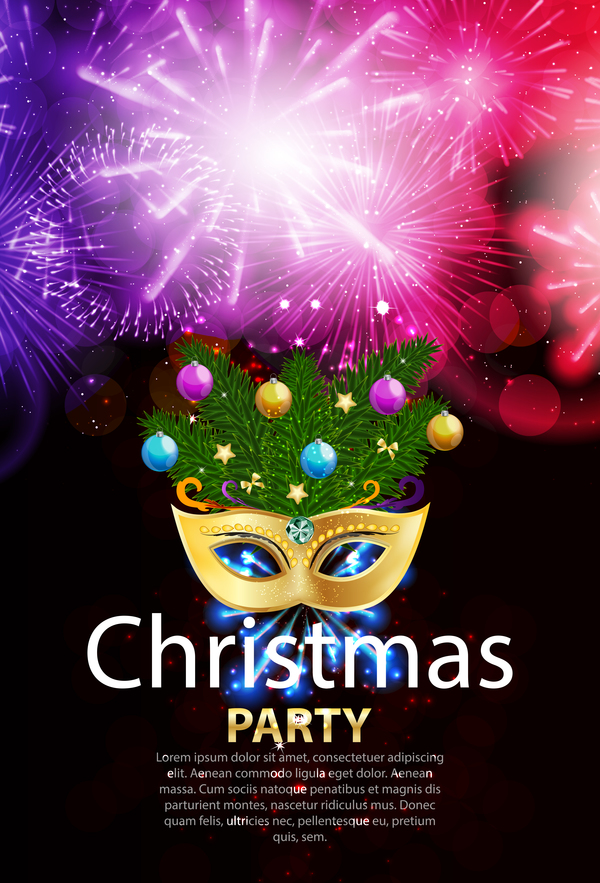 Holiday firwork with christmas party poster vector template 01