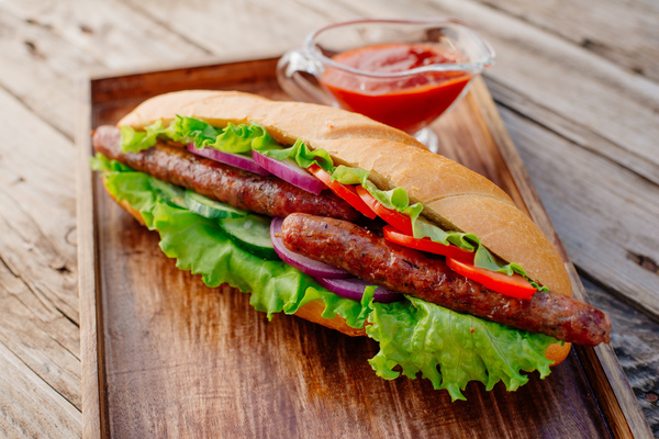 Hot dog sandwich and sauce Stock Photo