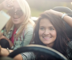 In the car using mobile phone girl selfie Stock Photo 01