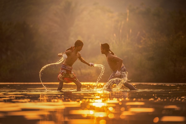 In the small river practicing Muay Thai boy Stock Photo 01