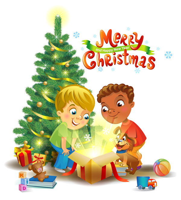 Kids with christmas gift vector material 01