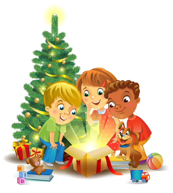 Kids with christmas gift vector material 02