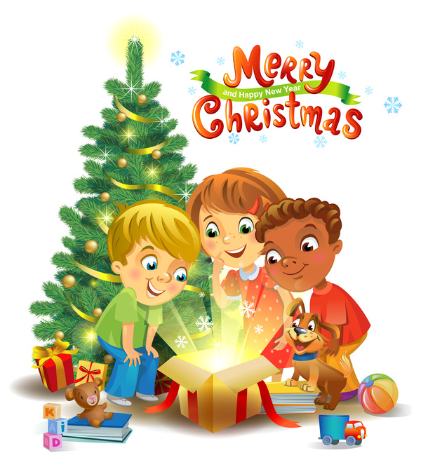 Kids with christmas gift vector material 03
