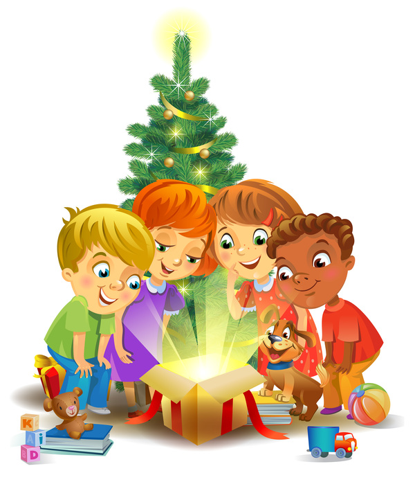 Kids with christmas gift vector material 05