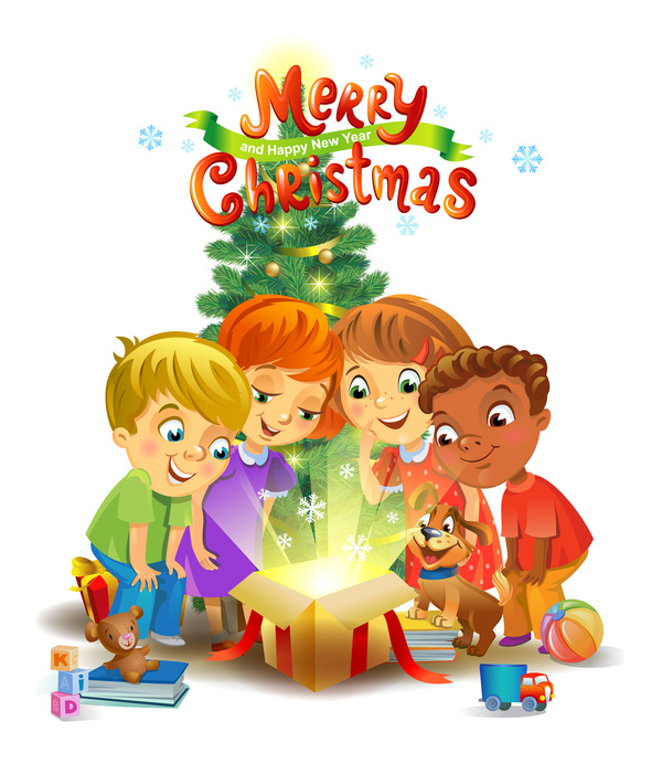 Kids with christmas gift vector material 06