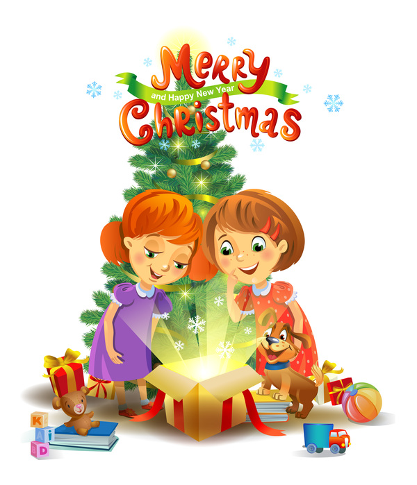 Kids with christmas gift vector material 08