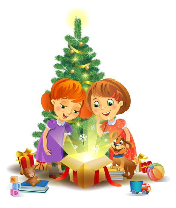 Kids with christmas gift vector material 09