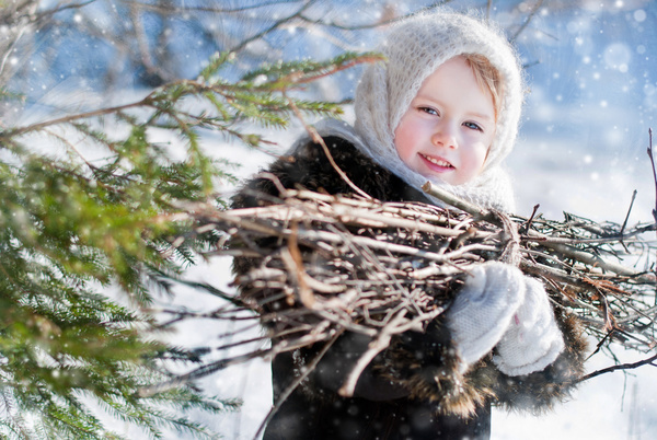 Little girl holding firewood outdoors in winter Stock Photo