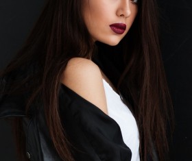 Makeup girl in leather jacket Stock Photo