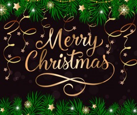 Merry christmas background with golden ribbon and star decor vector