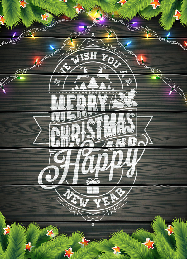 Merry christmas with new year wooden background design vector