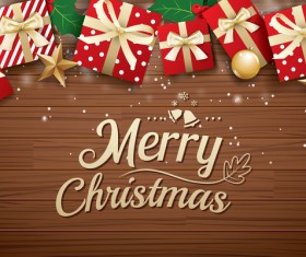 Merry christmas wooden background with gift box vector