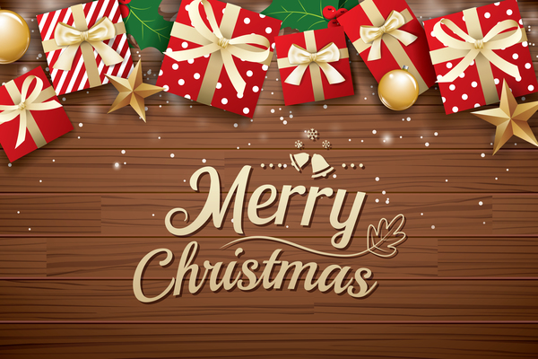 Merry christmas wooden background with gift box vector