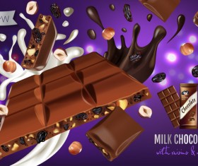 Milk chocolate with nuts and raisin poster template vector 01