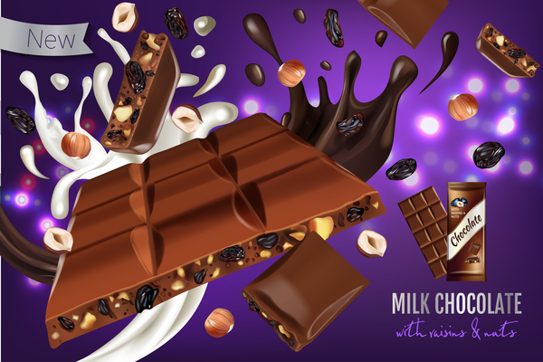 Milk chocolate with nuts and raisin poster template vector 01