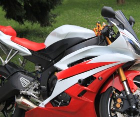 Motorcycles parked side road Stock Photo