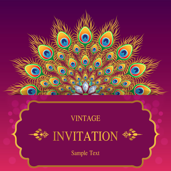 Peacock with vintage invitation card luxury vector 01