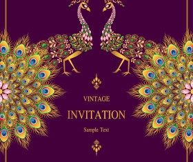 Peacock with vintage invitation card luxury vector 02