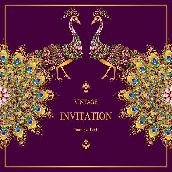 Peacock with vintage invitation card luxury vector 02