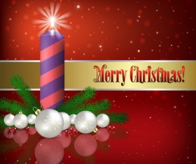 Red background with Christmas candle and decorations vector 01