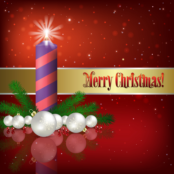 Red background with Christmas candle and decorations vector 01