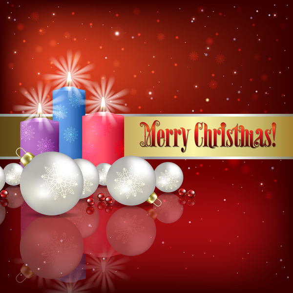 Red background with Christmas candle and decorations vector 02