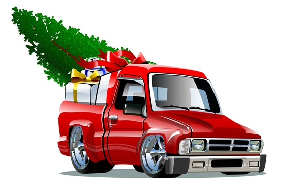 Red truck with christmas gift vector material 01