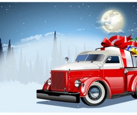 Red truck with christmas gift vector material 02