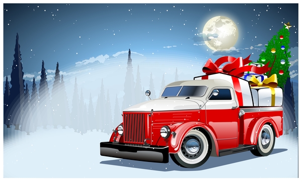 Red truck with christmas gift vector material 02