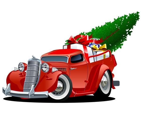 Red truck with christmas gift vector material 03