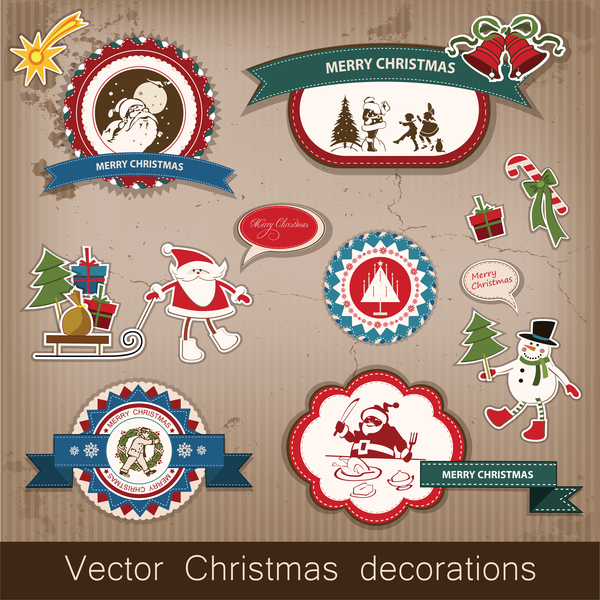 Retro christmas sticker with labels vectors 02