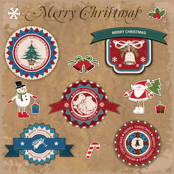 Retro christmas sticker with labels vectors 03