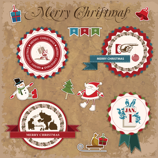 Retro christmas sticker with labels vectors 05