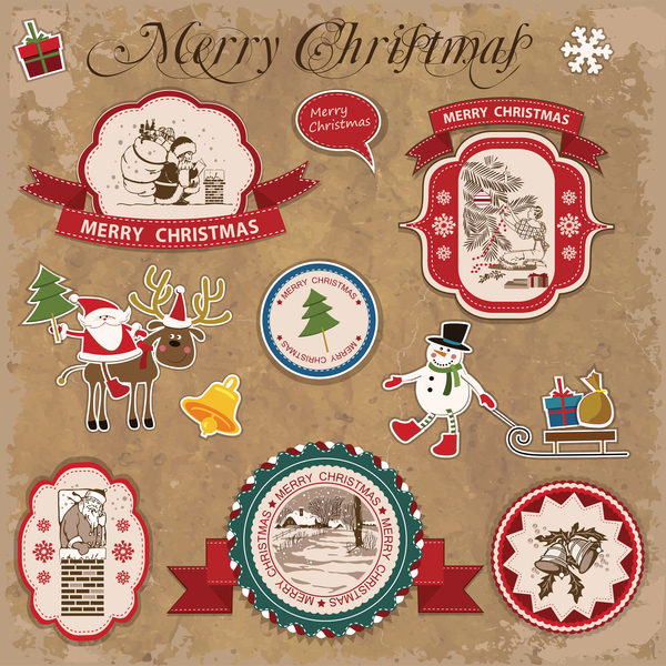 Retro christmas sticker with labels vectors 06
