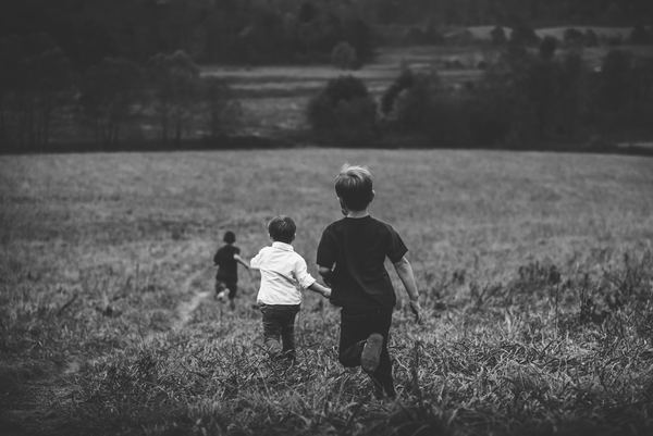 Running children in the fields Stock Photo