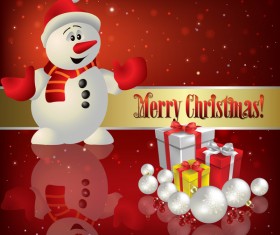 Snowman and Christmas gifts with red background vector