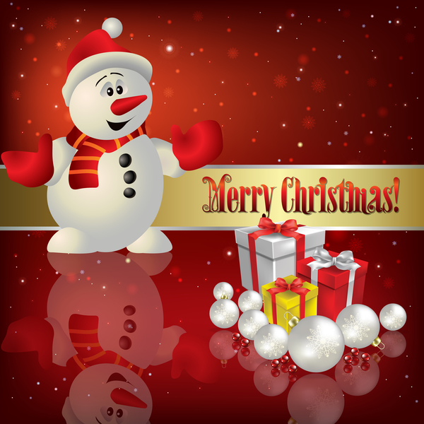 Snowman and Christmas gifts with red background vector