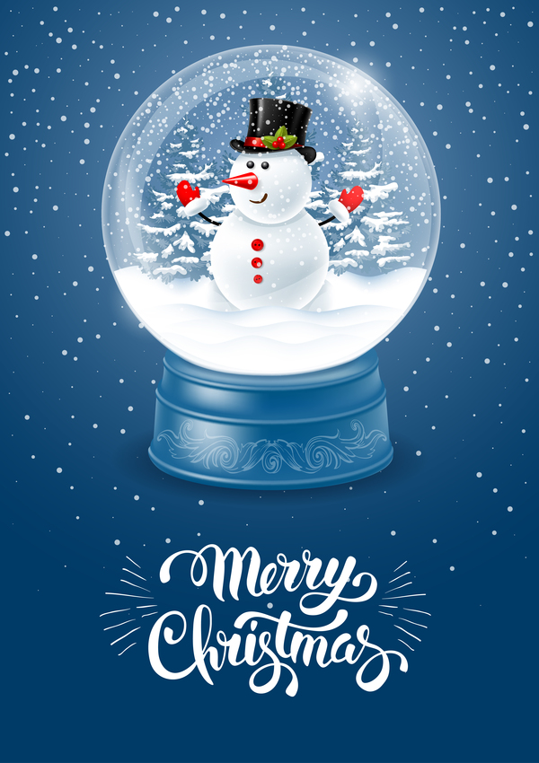 Snowman with crystal ball and christmas background vector 02