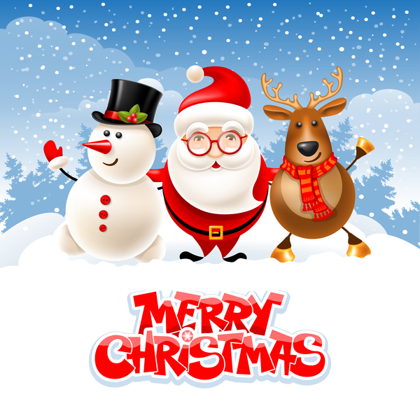 Snowman with santa and deer christmas vector 01
