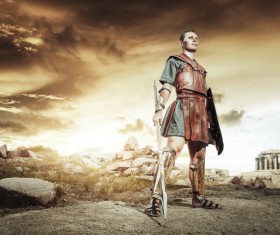 Soldier armed with shield and spear Stock Photo