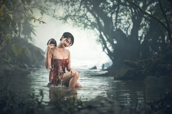 Southeast Asia girl bathing in the river Stock Photo 01