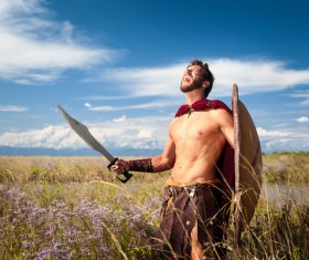 Spartan warrior shouting loudly Stock Photo