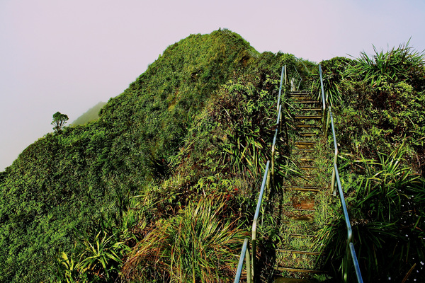 Steel staircase on natural mountain Stock Photo