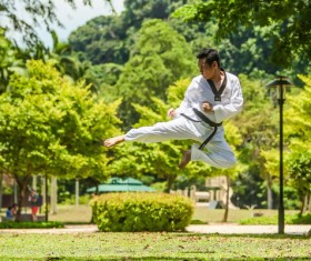 The man who practices Taekwondo Stock Photo